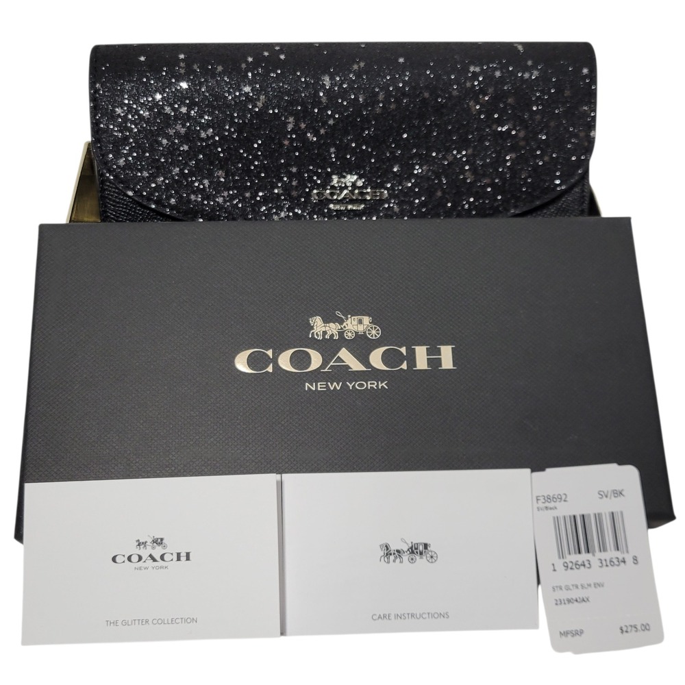 Coach Slim Envelope Wallet Womens‎ Black Glitter Star Crossgrain Leather Formal